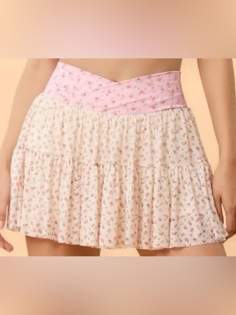Blogilates Floral Tiered Ballerina Skort Mini Skirt in Light Pink & cream